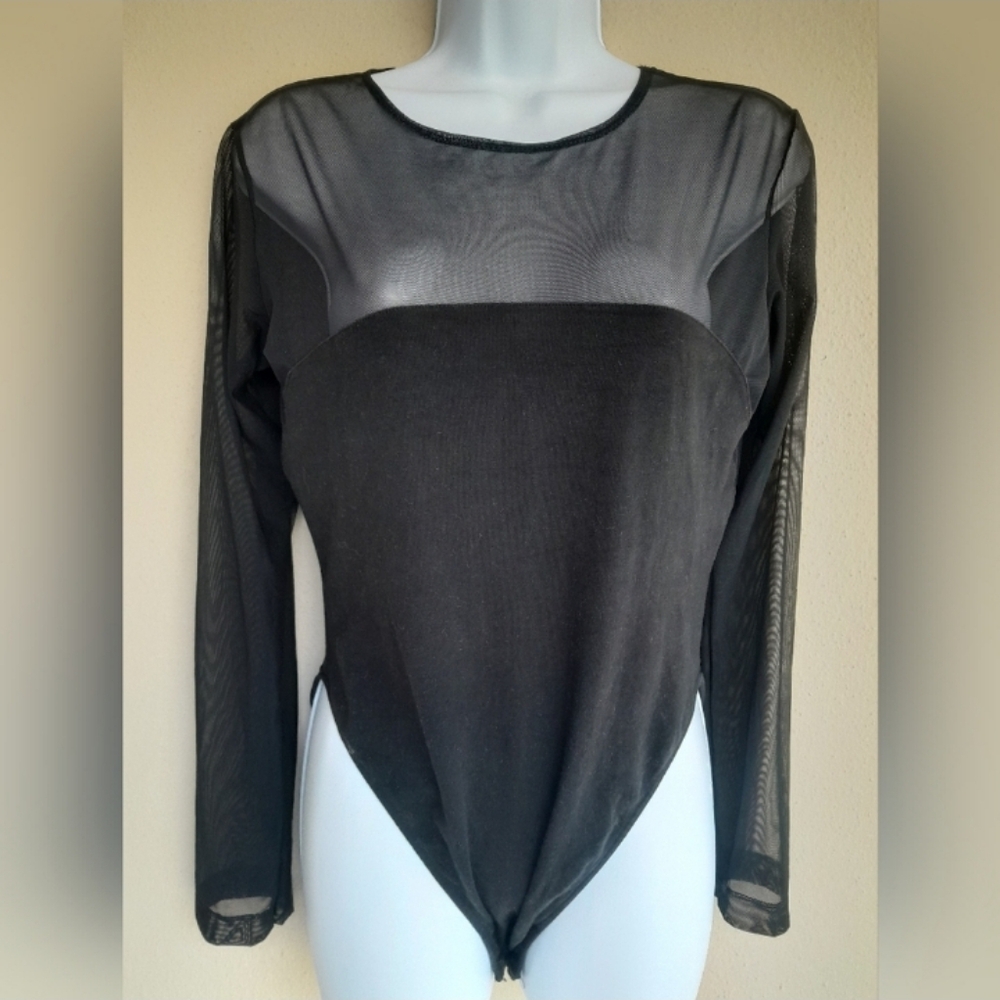 VICTORIA'S SECRET Mesh panel Bodysuit Black Long Sleeve Sheer Large